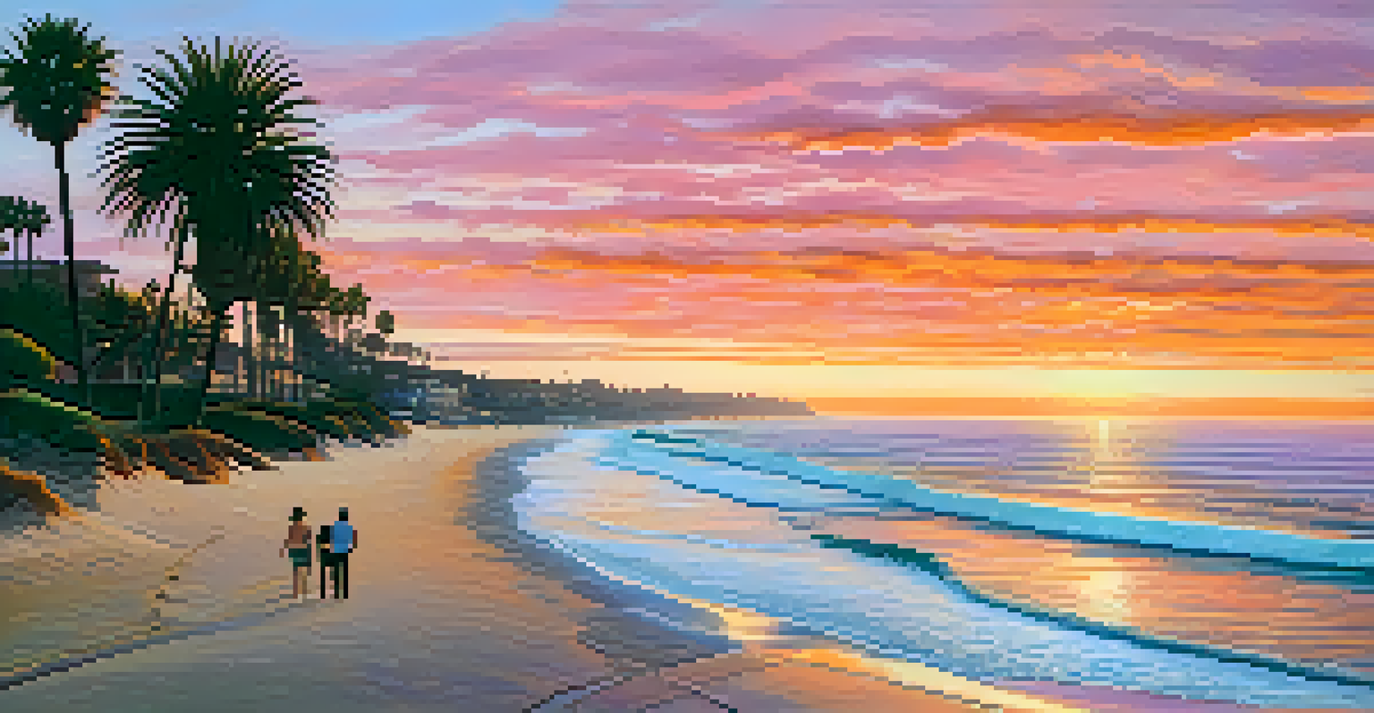 A scenic sunset view of La Jolla Shores Drive with a couple walking on the beach, palm trees, and the ocean in the background.