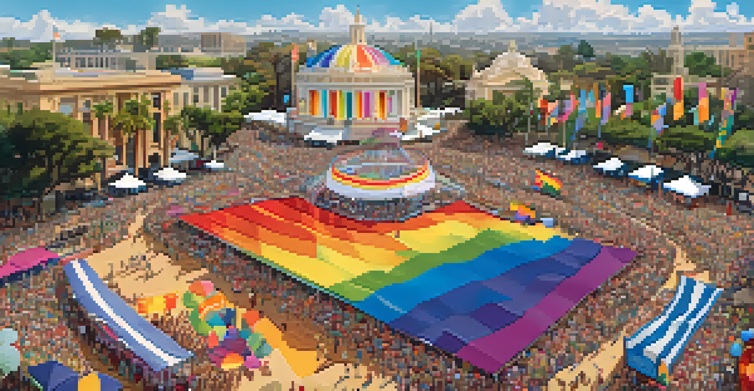 Aerial view of the San Diego Pride Festival showing stages, food trucks, and vibrant crowds celebrating in Balboa Park.