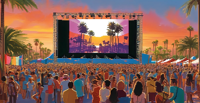 A diverse crowd at a San Diego film festival, enjoying an indie film under palm trees at sunset.