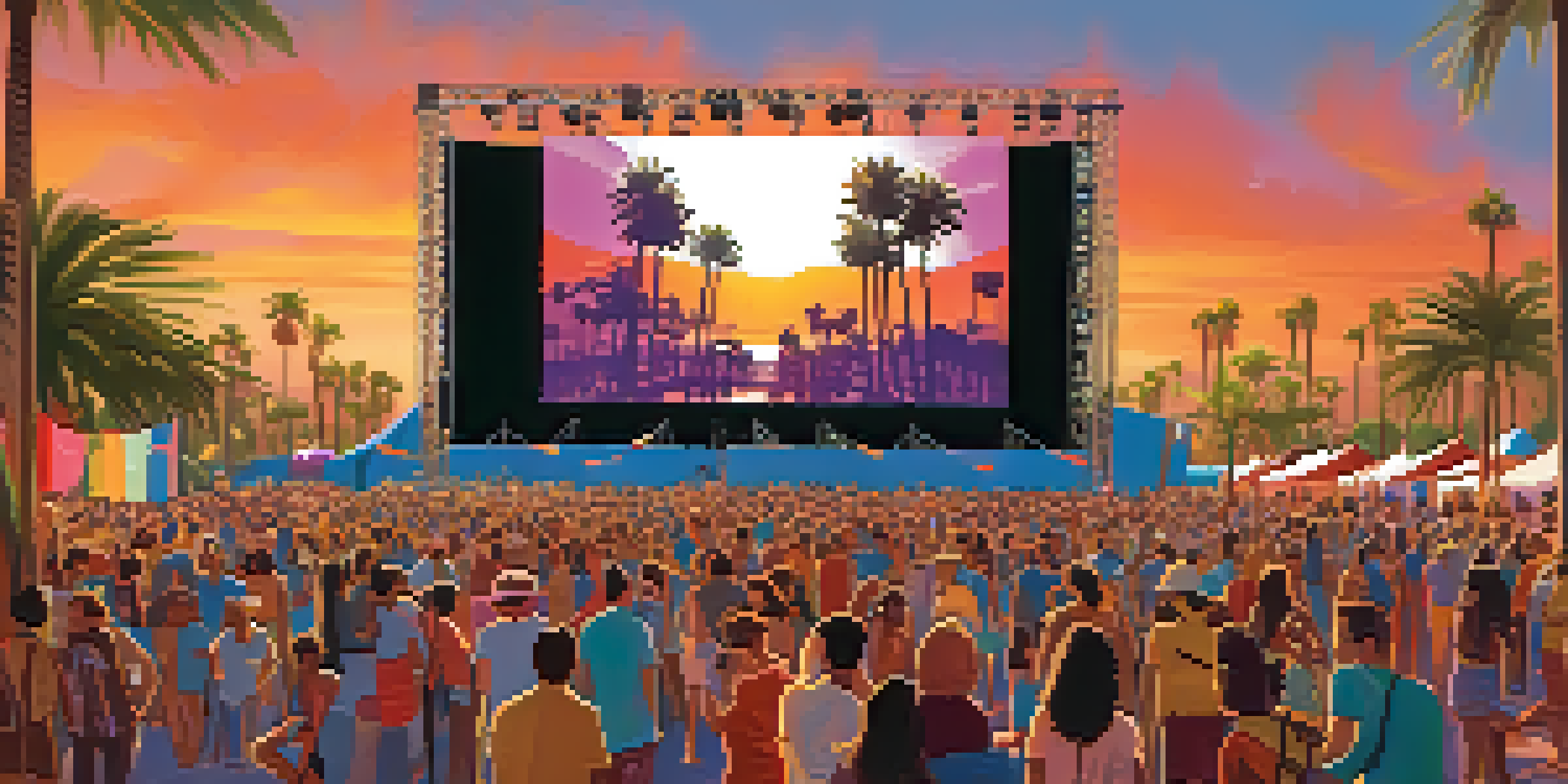 A diverse crowd at a San Diego film festival, enjoying an indie film under palm trees at sunset.