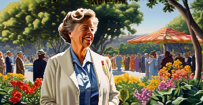 Eleanor Roosevelt meeting with community leaders in a sunny park during her 1935 visit to San Diego, surrounded by greenery and flowers.