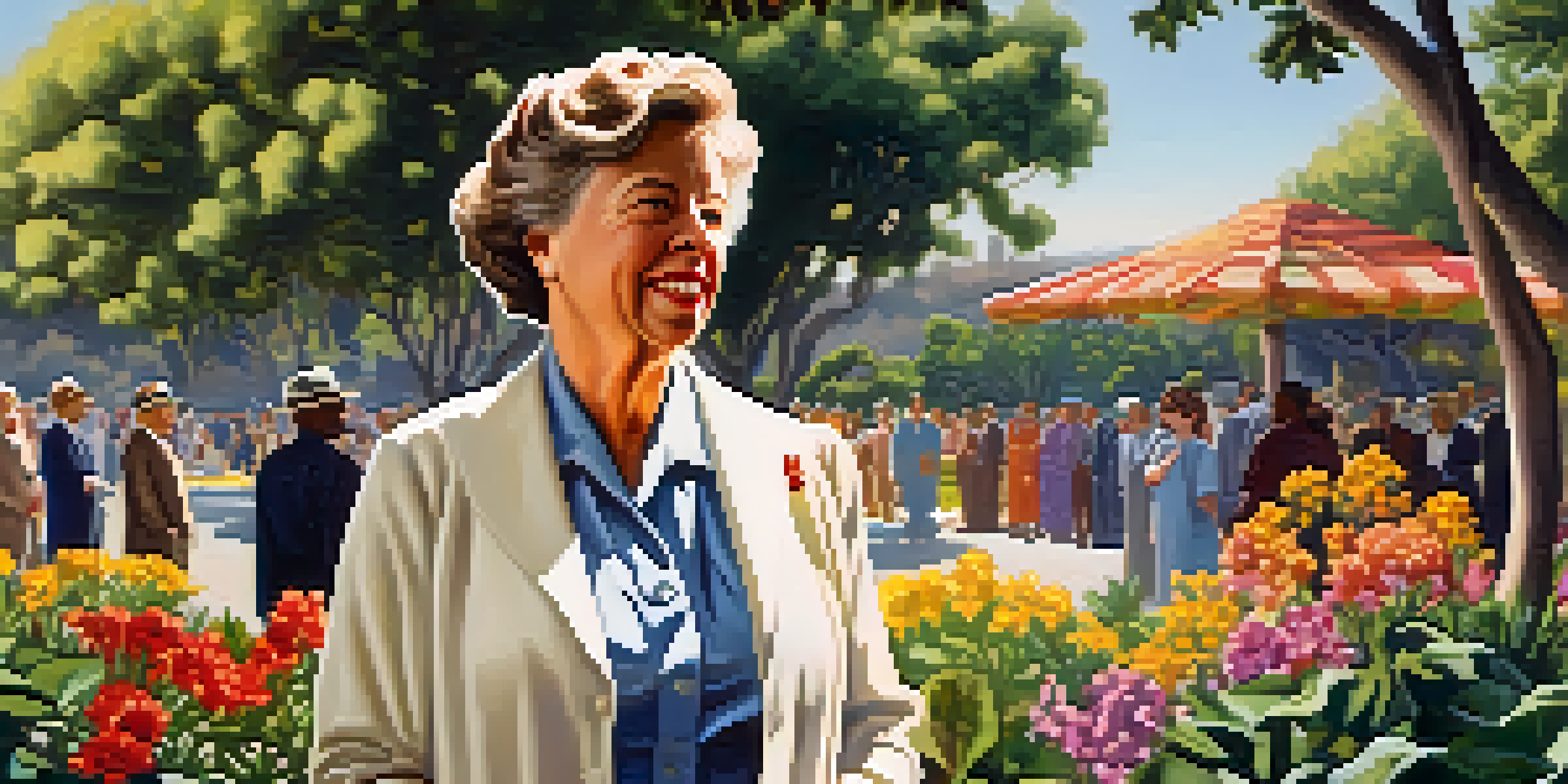 Eleanor Roosevelt meeting with community leaders in a sunny park during her 1935 visit to San Diego, surrounded by greenery and flowers.