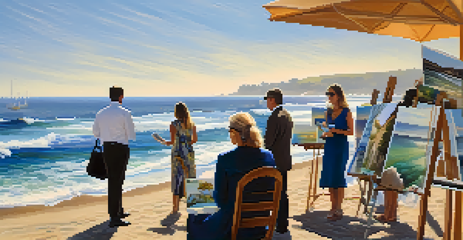 A coastal view during the La Jolla Art & Wine Festival, with artists showcasing their work and visitors enjoying wine.