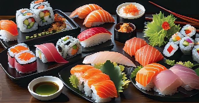 An artfully presented sushi platter showcasing nigiri, sashimi, and colorful garnishes on a dark wooden table.
