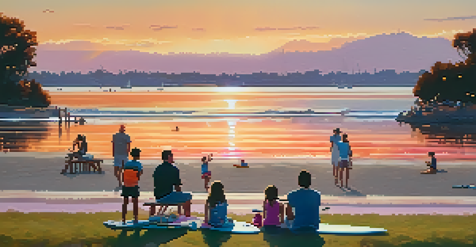 A family having a picnic by the water at sunset with paddleboarders in the background.