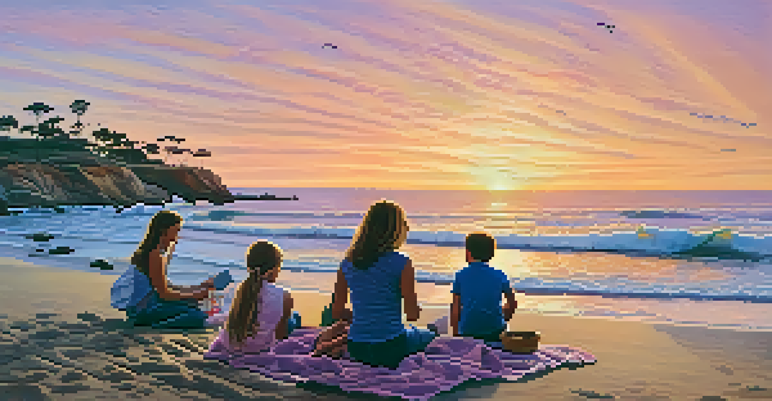 A family enjoying a picnic on the beach at La Jolla Cove during sunset, with sea lions in the background.