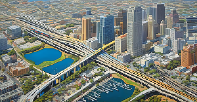 An aerial view of San Diego's bus routes and cityscape showing downtown and neighborhoods.