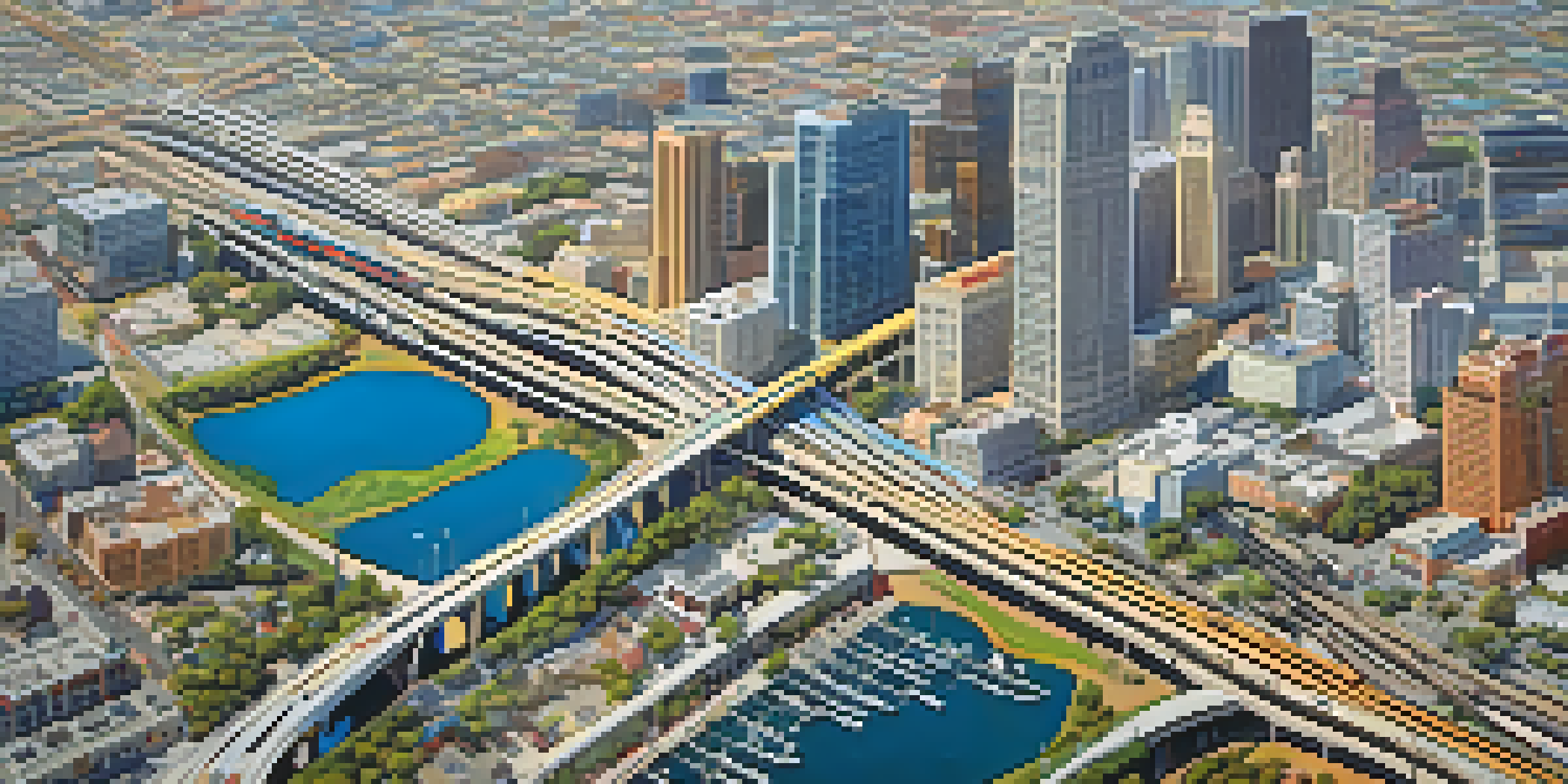 An aerial view of San Diego's bus routes and cityscape showing downtown and neighborhoods.