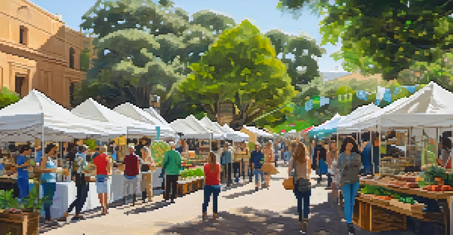 A vibrant marketplace at the San Diego Green Festival featuring local artisans and eco-friendly products with attendees shopping and participating in workshops.