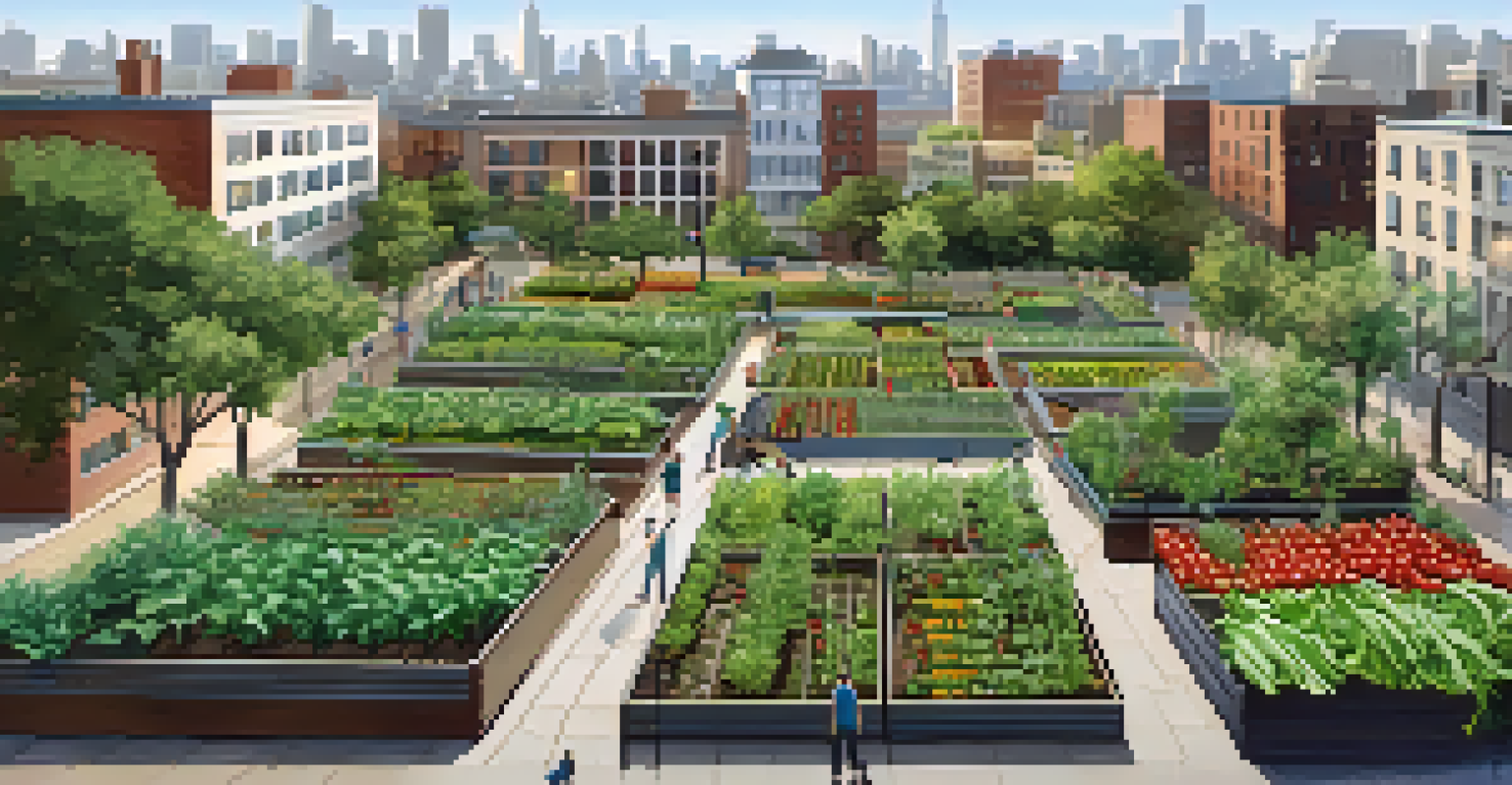 An aerial view of a community garden with various crops and gardeners interacting amidst urban surroundings.