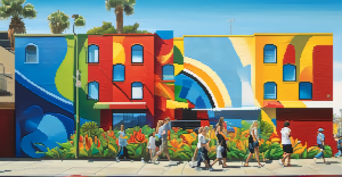 A lively urban street in San Diego with a colorful mural on a brick wall and diverse pedestrians enjoying the art.