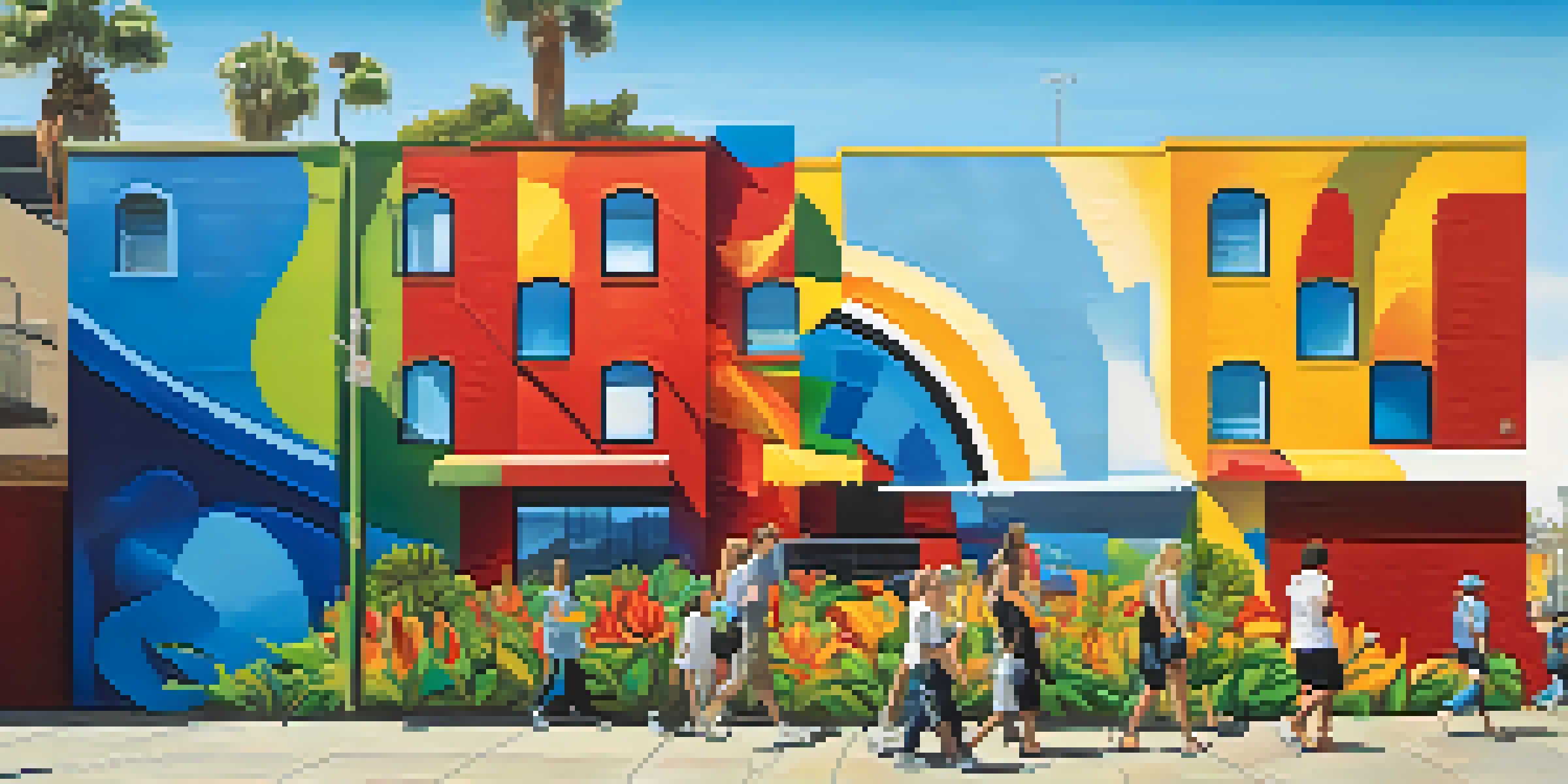 A lively urban street in San Diego with a colorful mural on a brick wall and diverse pedestrians enjoying the art.