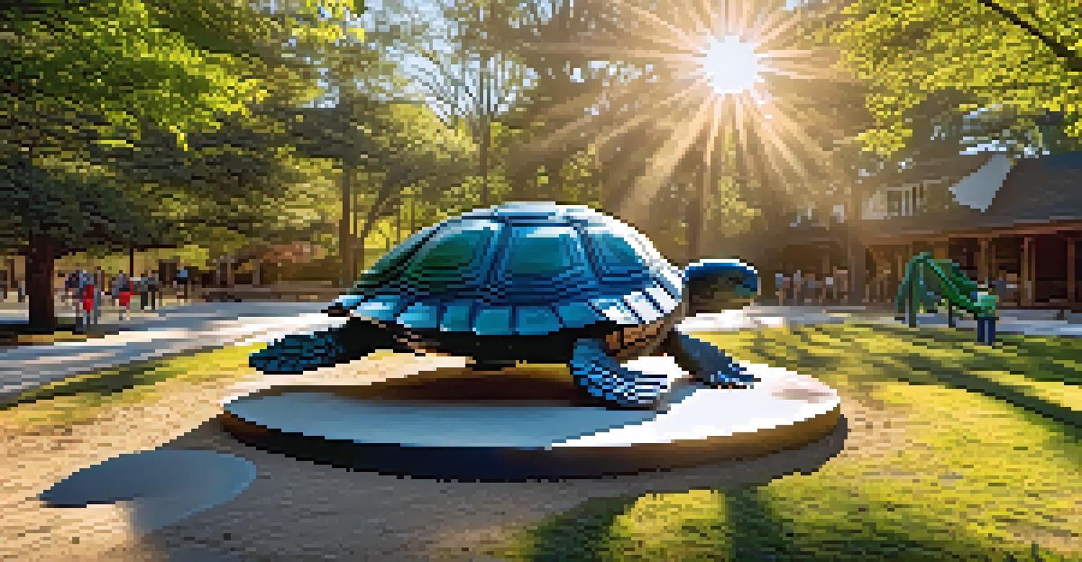A large sea turtle sculpture made of recycled materials in a park setting with children playing nearby.