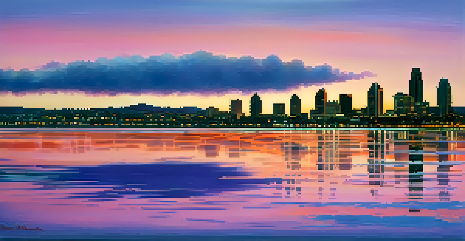 Silhouette of San Diego's skyline at sunset, showcasing prominent research institutions with a colorful sky and water reflections.