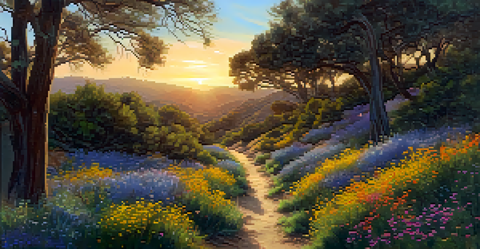 A peaceful pathway in Los Peñasquitos Canyon Preserve with tall trees, wildflowers, and a family walking under a beautiful sunset.