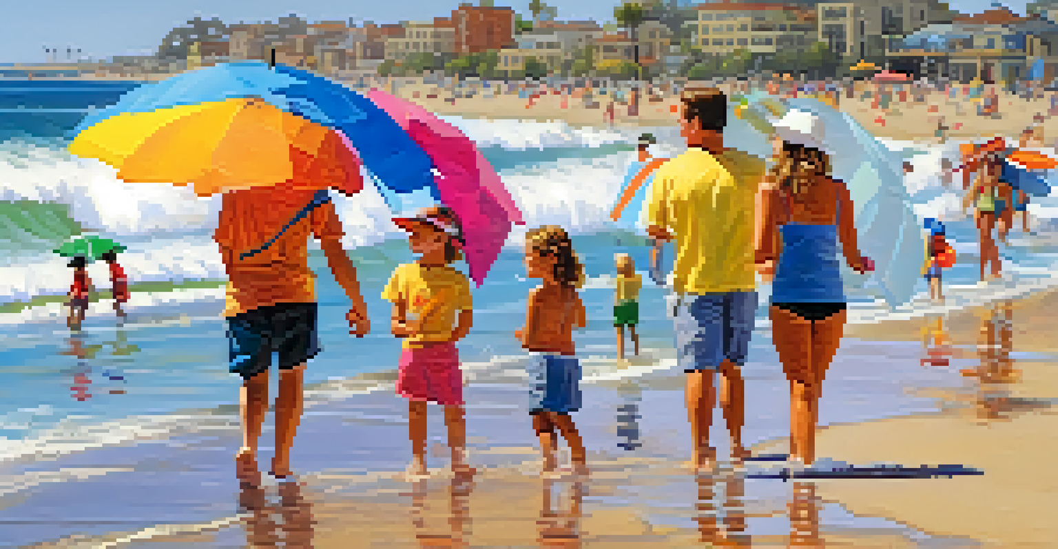 A family at the San Diego Surf Festival with children building sandcastles and parents watching, set against the ocean backdrop.