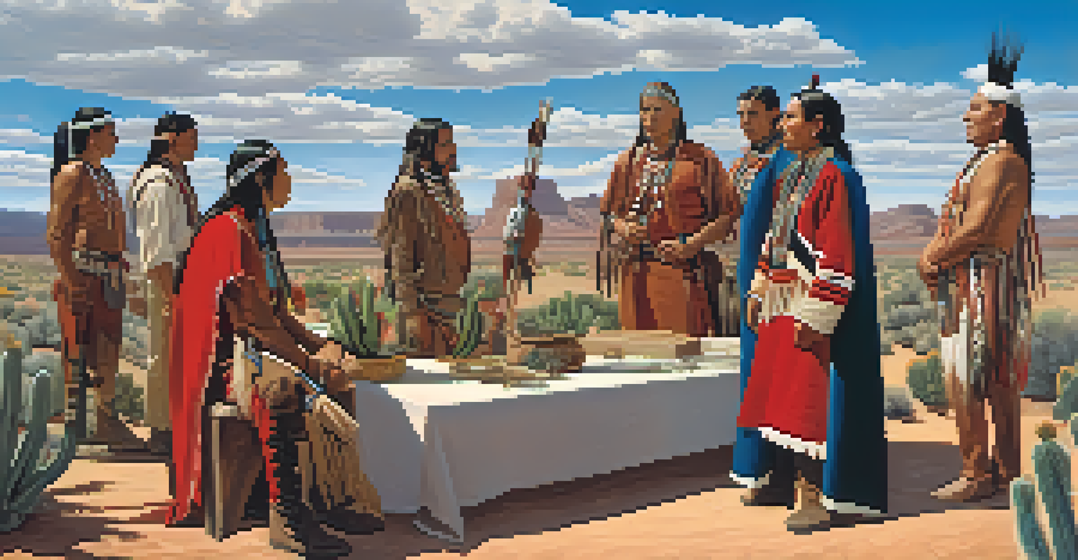 An artistic depiction of Zebulon Pike meeting Native American tribes in the Southwestern desert, with mesas and cacti in the background.
