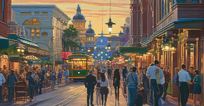 A vibrant street scene in the Gaslamp Quarter with Victorian buildings and gas lamps, filled with people enjoying the evening.