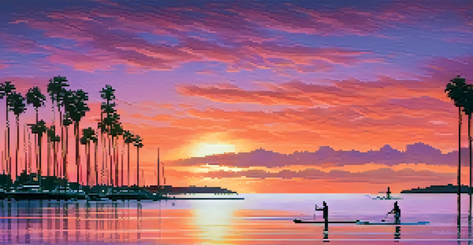 A paddleboarder on calm waters at sunset, with colorful sky reflections and palm trees in the background.