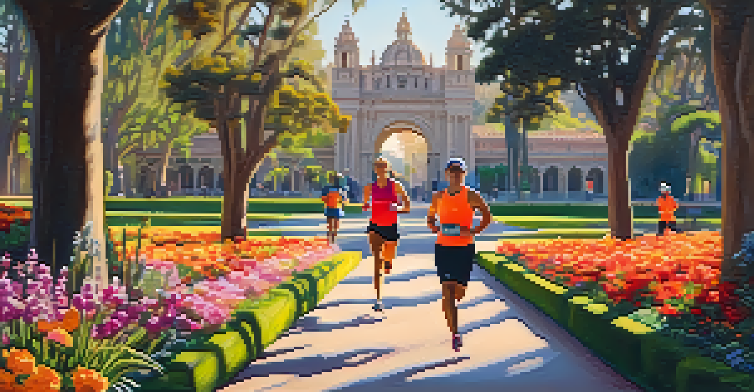 Early morning runners in Balboa Park with colorful flower gardens and historic buildings under soft sunlight.