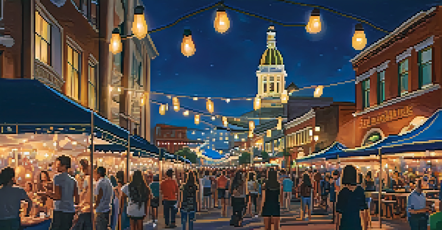 A panoramic view of an art walk in San Diego's Gaslamp Quarter at dusk, featuring art booths and string lights.