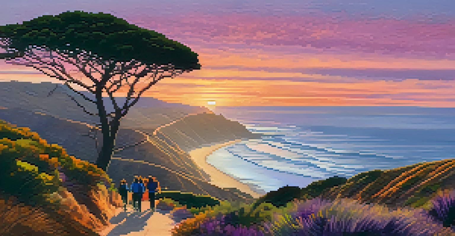 Hikers on a trail overlooking the ocean at sunset with vibrant sky colors.