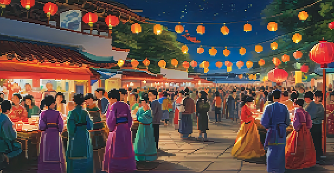 A lively evening at the Lantern Festival with families enjoying colorful lanterns and traditional performances.