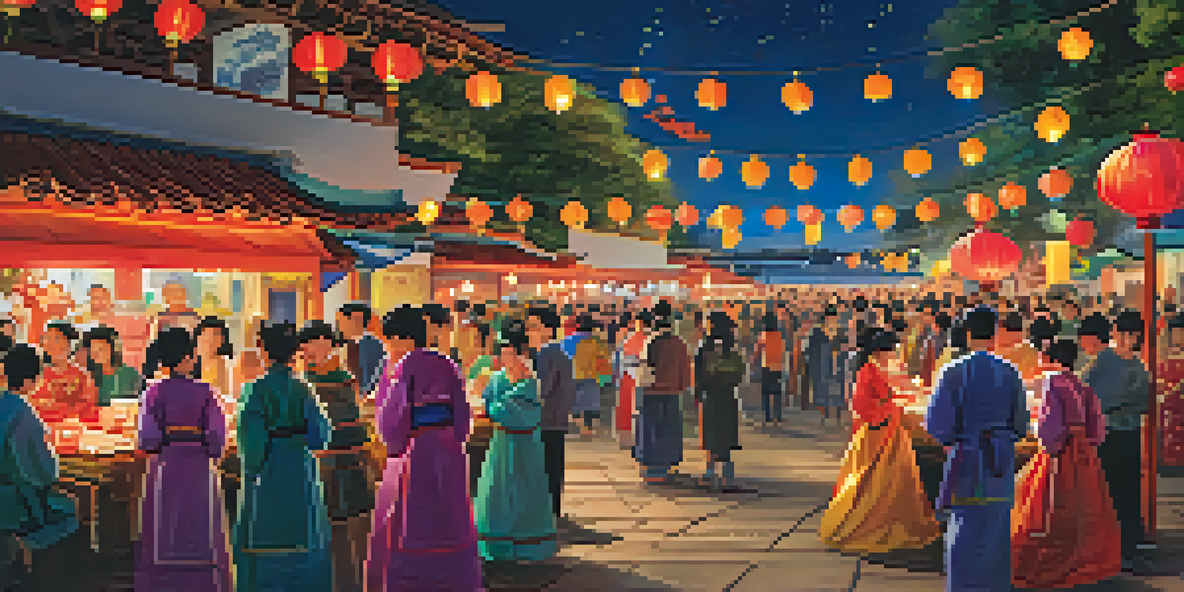 A lively evening at the Lantern Festival with families enjoying colorful lanterns and traditional performances.