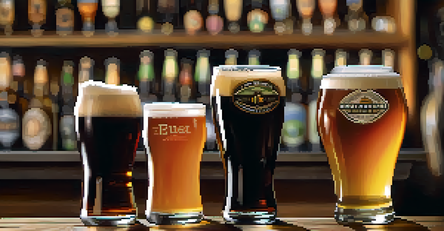 A close-up view of a tasting flight of various craft beers on a wooden bar, with a blurred brewery interior in the background.