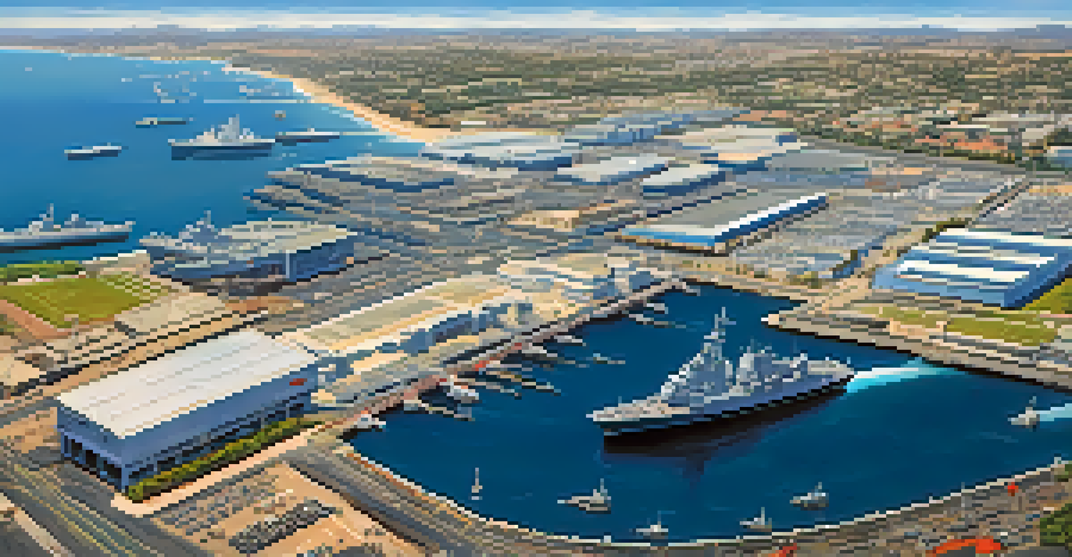 Aerial view of Naval Base San Diego showing ships and aircraft against a blue sky and ocean.
