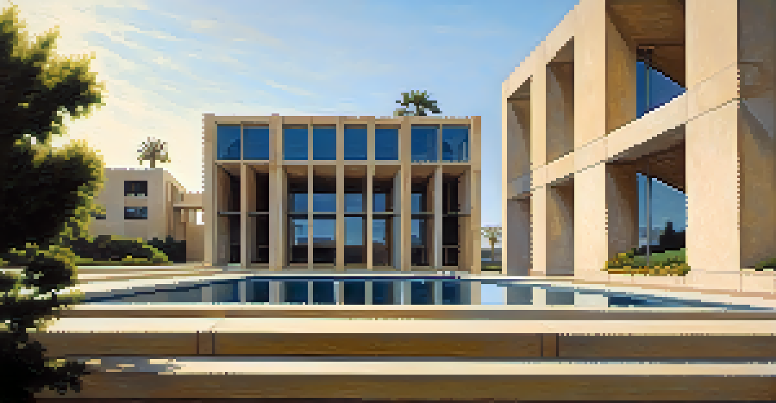 The Salk Institute in San Diego with its unique architecture and landscaped gardens under a clear blue sky.