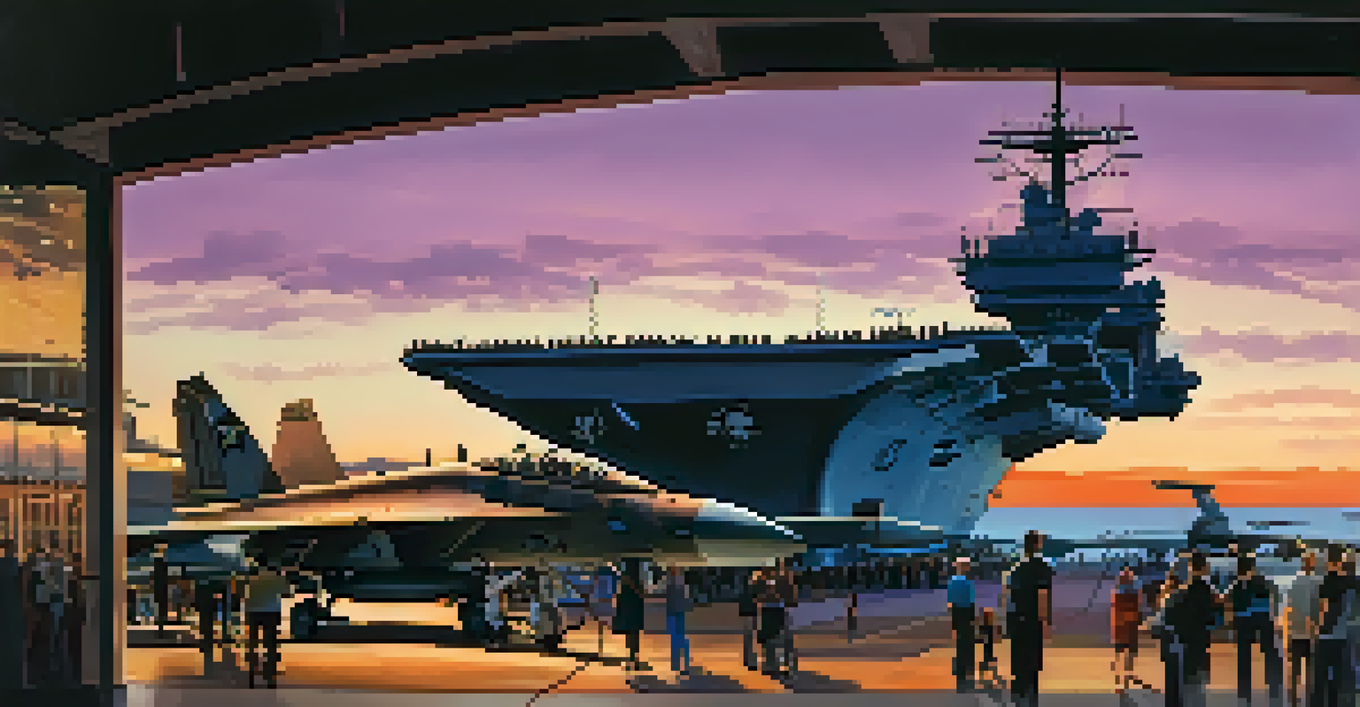 The USS Midway Museum at sunset, featuring the silhouette of the aircraft carrier and visitors exploring the flight deck.