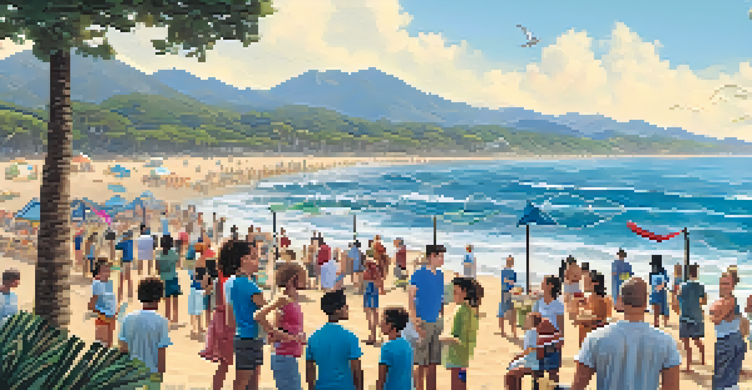 Volunteers engaging with an educational booth about ocean conservation at a San Diego beach, with waves in the background.
