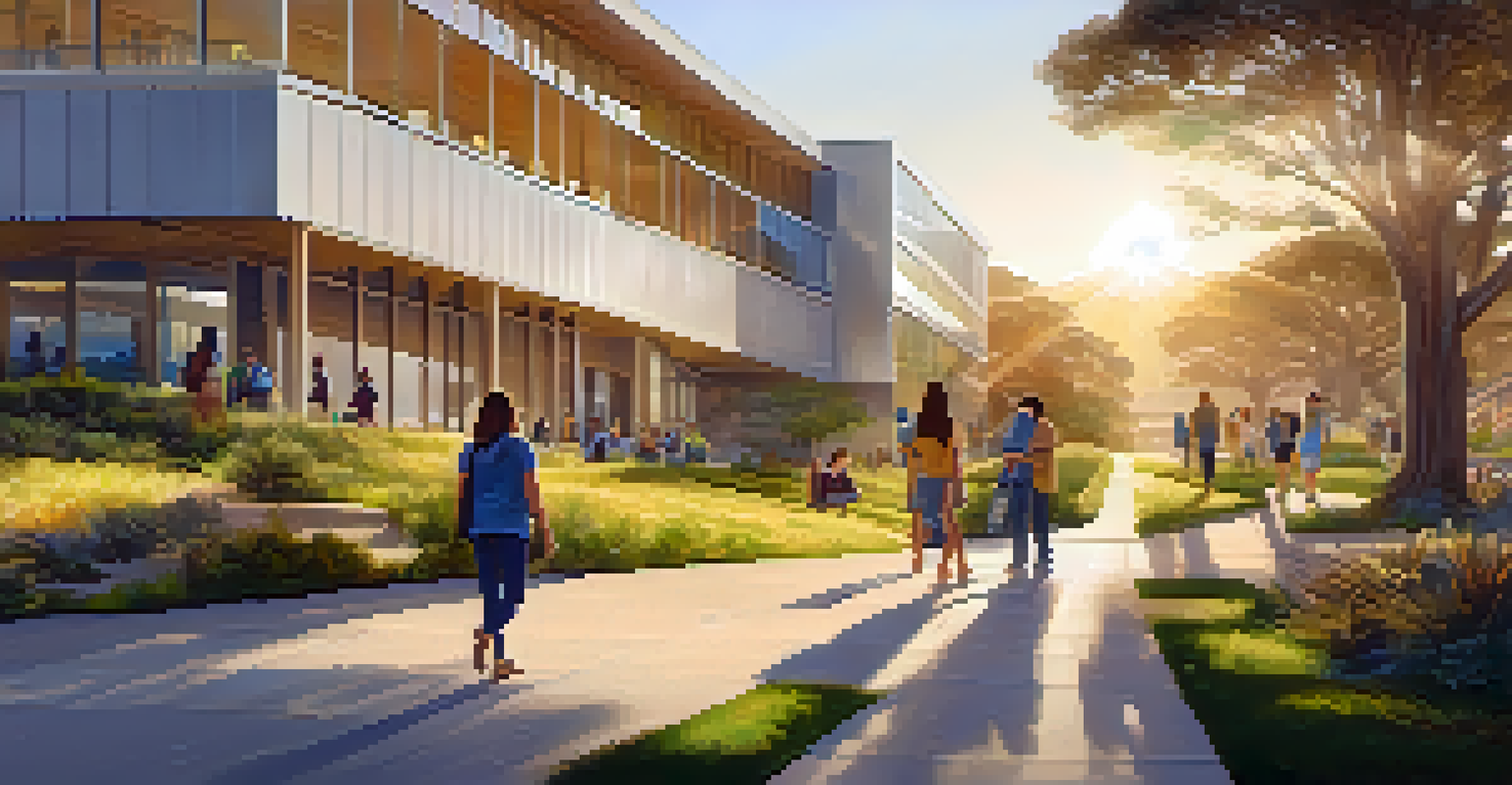 A scenic view of UC San Diego's campus with students walking and discussing, surrounded by modern architecture and greenery.