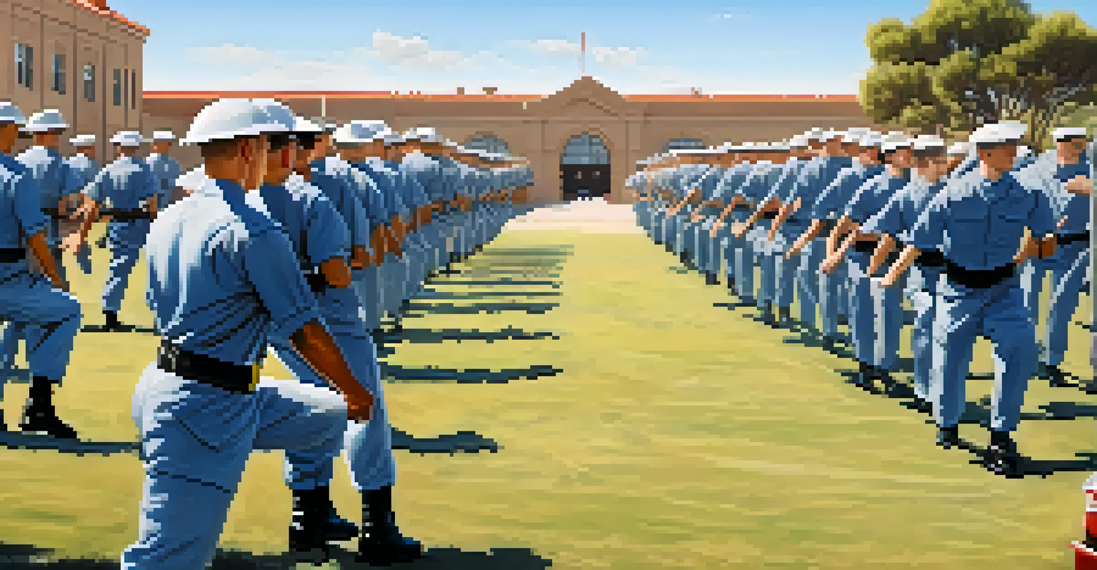 Marine recruits training at the Marine Corps Recruit Depot in San Diego, highlighting teamwork and physical training against a backdrop of military buildings.