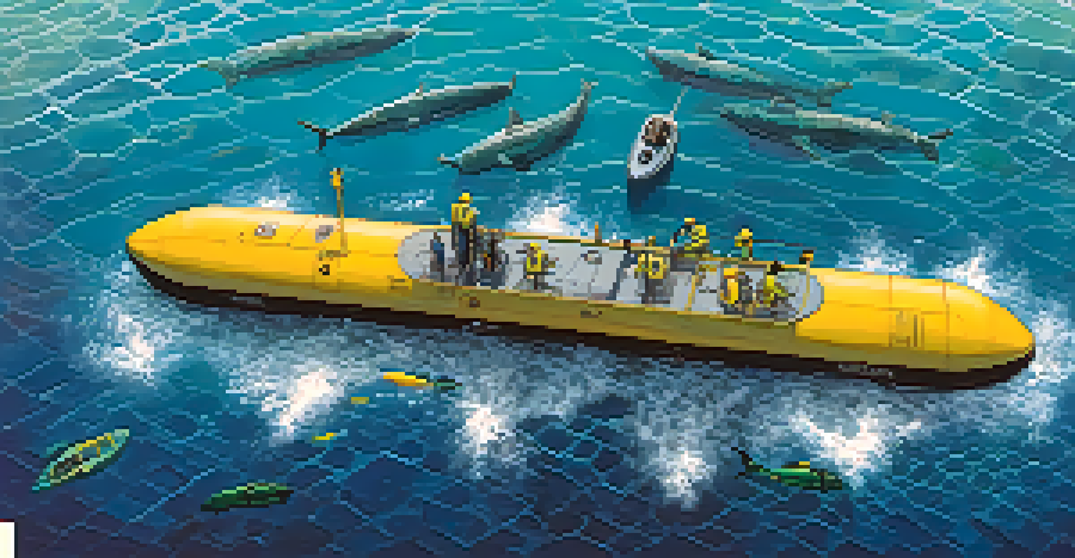 An aerial view of a team deploying an underwater vehicle into the ocean, with a clear blue water background.