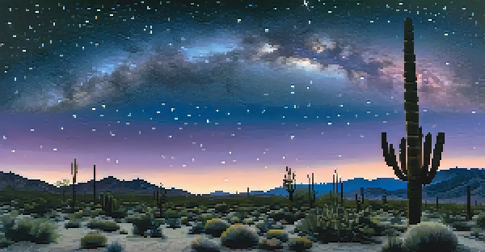 A clear night sky filled with stars and the Milky Way over a desert landscape, featuring silhouettes of cacti and rocky formations.