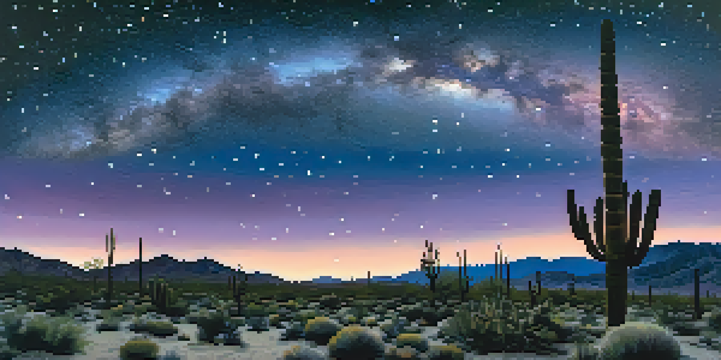 A clear night sky filled with stars and the Milky Way over a desert landscape, featuring silhouettes of cacti and rocky formations.