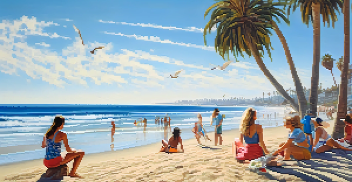 A sunny beach scene in San Diego with a diverse group of people, including a young woman in a sundress and denim jacket, enjoying the beach.