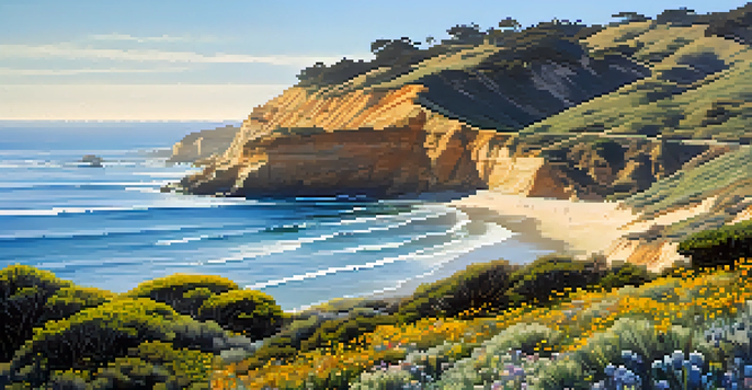 A scenic view of the Pacific Ocean with cliffs and wildflowers, showcasing dolphins in the water.