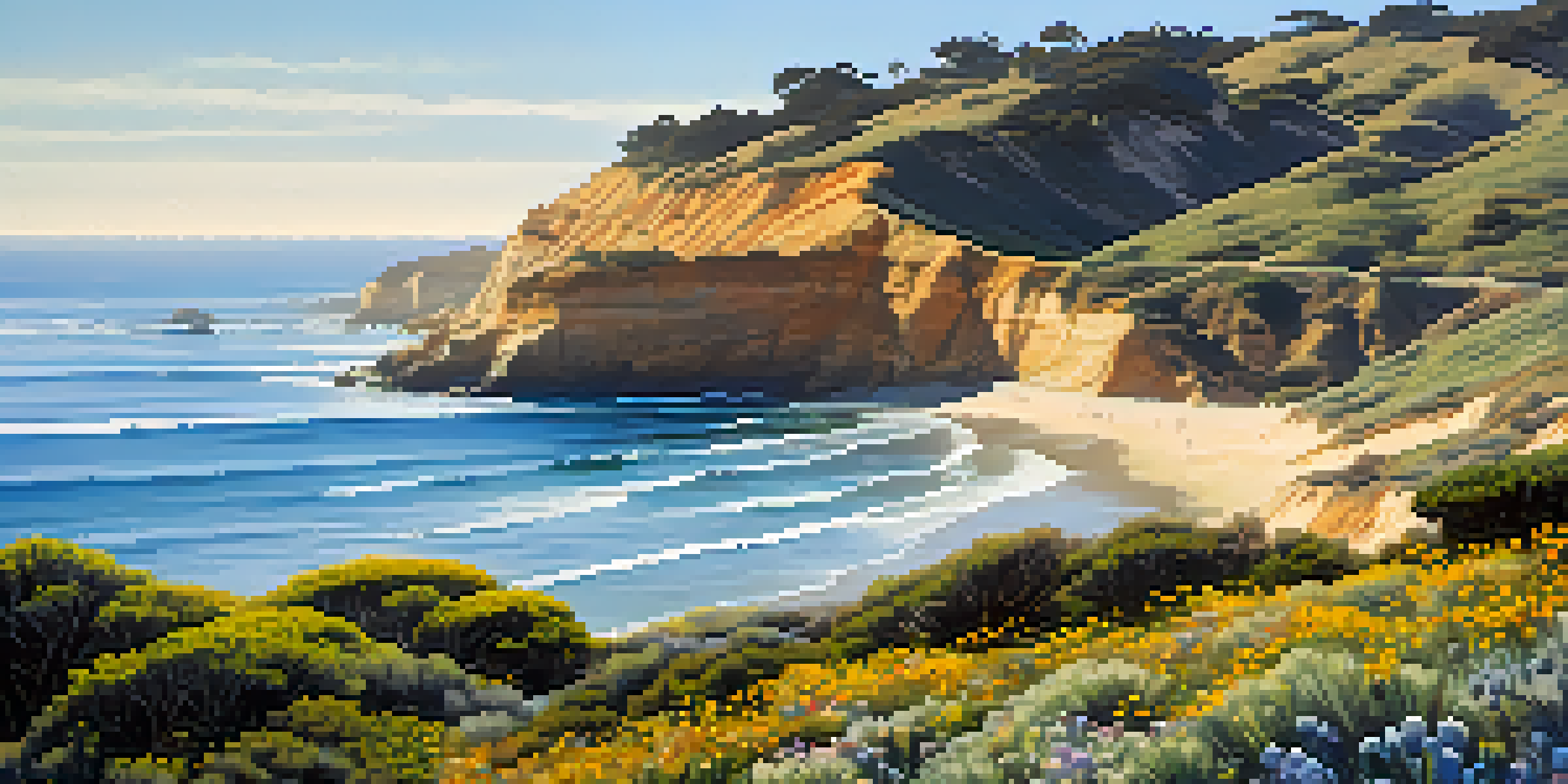 A scenic view of the Pacific Ocean with cliffs and wildflowers, showcasing dolphins in the water.