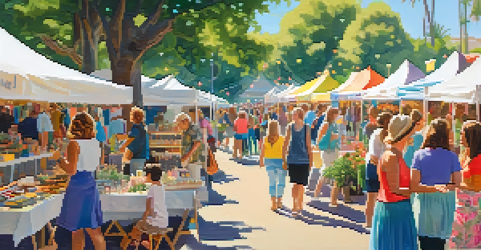 A sunny craft fair in a park with colorful vendor booths, people browsing, and live music creating a lively atmosphere.