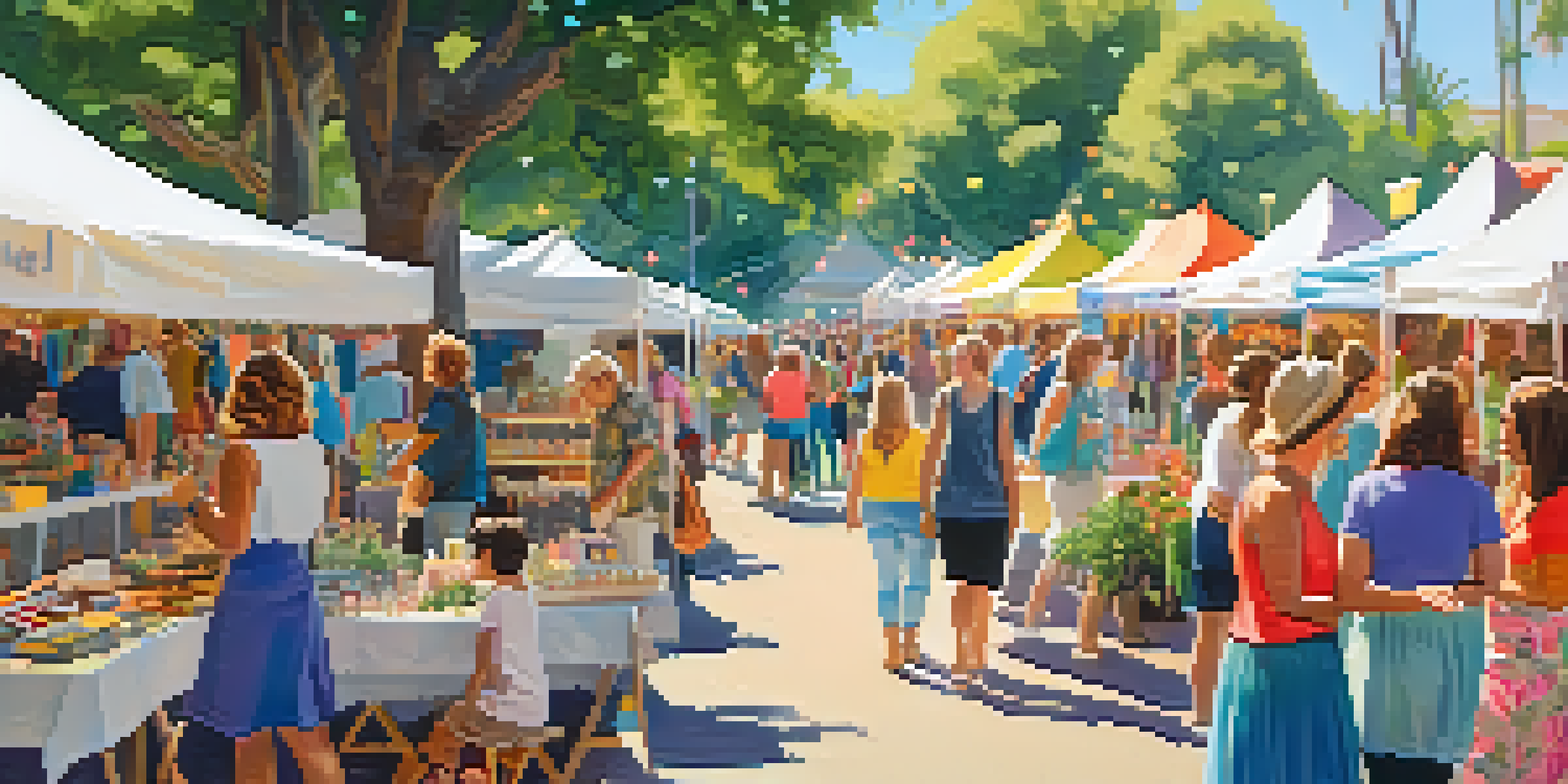 A sunny craft fair in a park with colorful vendor booths, people browsing, and live music creating a lively atmosphere.