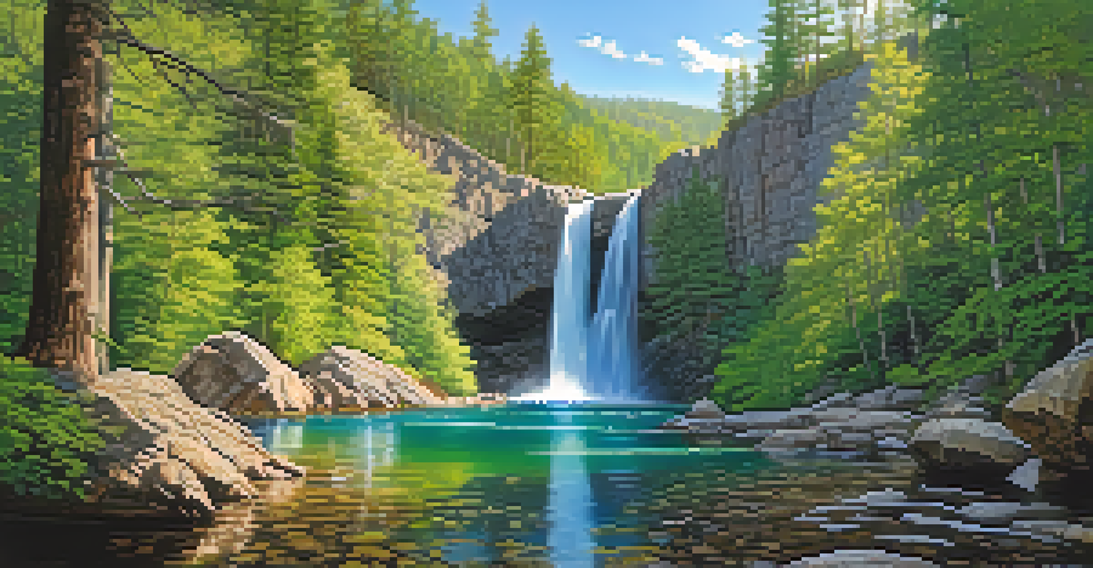 Cedar Creek Falls with water cascading into a pool, surrounded by lush greenery and hikers on the trail.