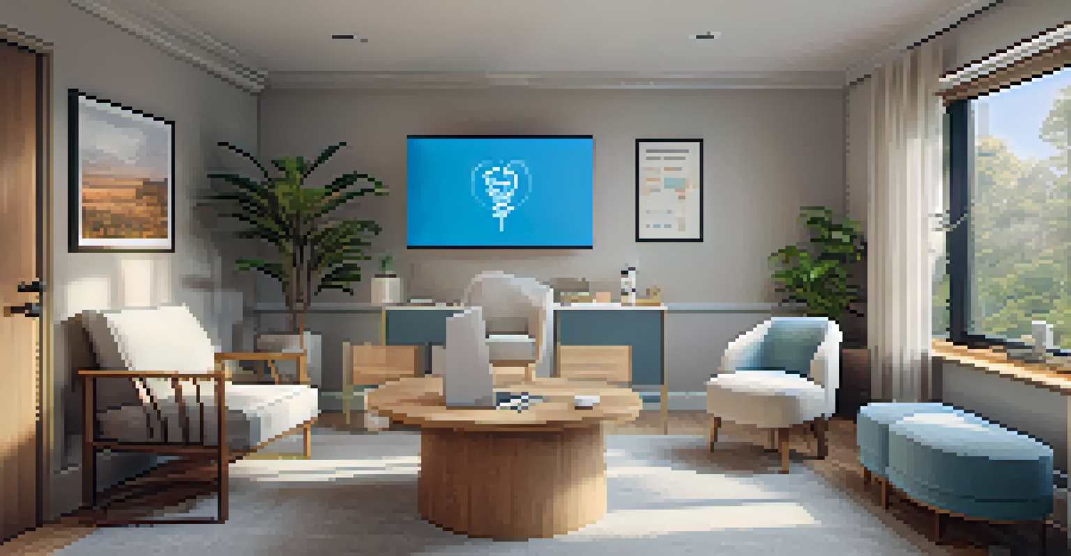 A telehealth consultation room with a virtual doctor on a screen, comfortable seating, and soothing decor illuminated by natural light.