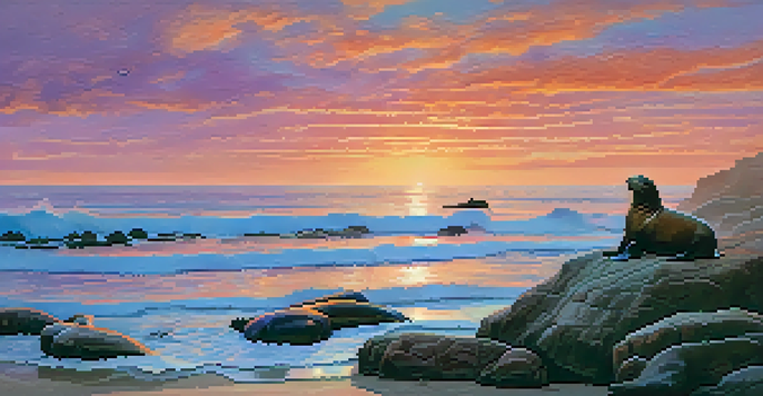 A picturesque sunset over La Jolla Cove with colorful skies and sea lions resting on rocky cliffs.