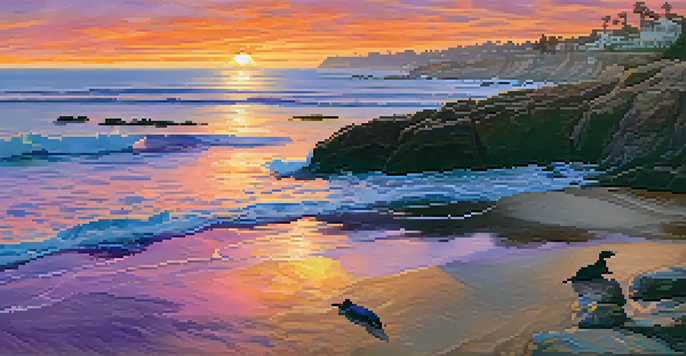 A picturesque sunset at La Jolla Cove with couples walking on the beach, colorful reflections in the water, and sea lions on the rocks.