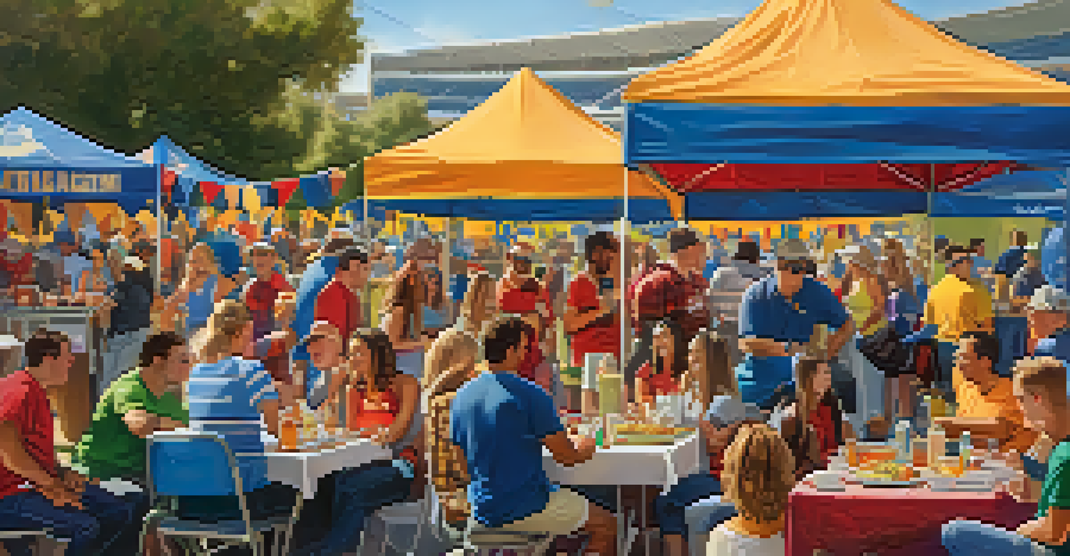 A festive tailgating gathering outside a college football stadium in San Diego, with people enjoying food and fun in a colorful atmosphere.