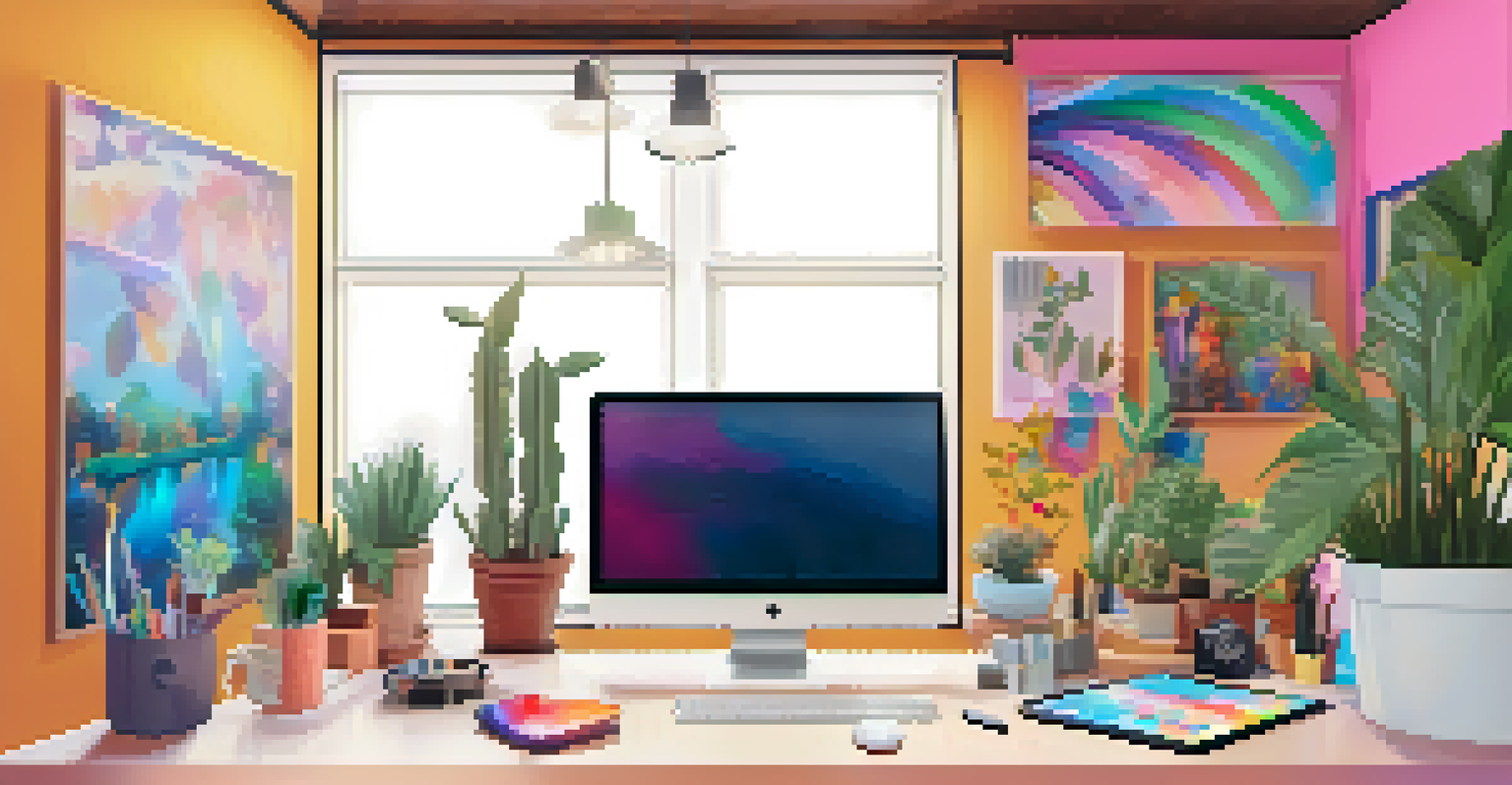 A computer screen displaying a digital art exhibition by LGBTQ+ artists, set in a cozy workspace with plants and art supplies.