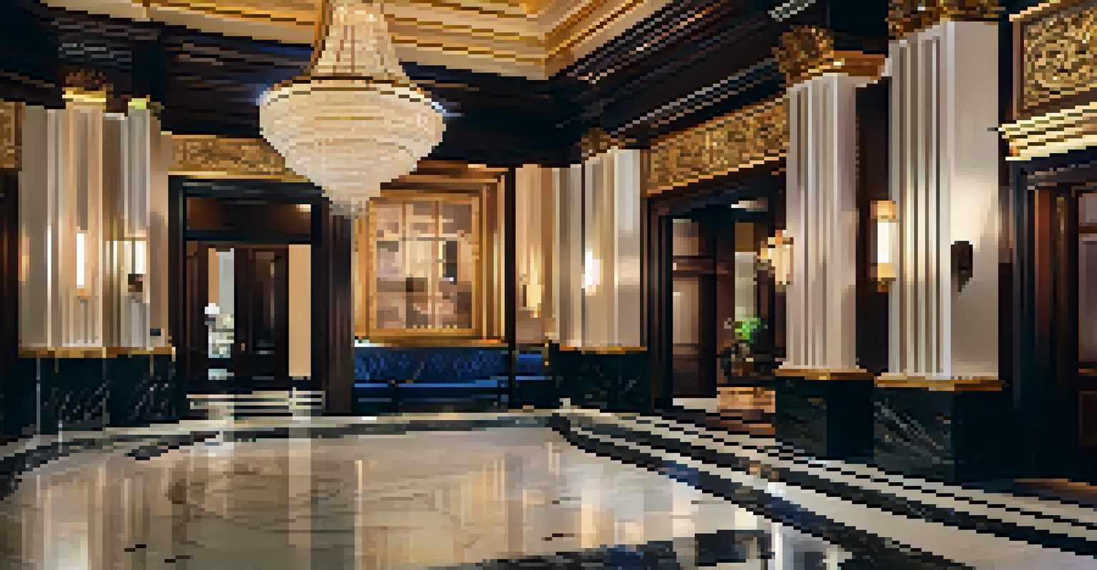 A detailed view of the US Grant Hotel lobby highlighting its elegant chandeliers and marble flooring.